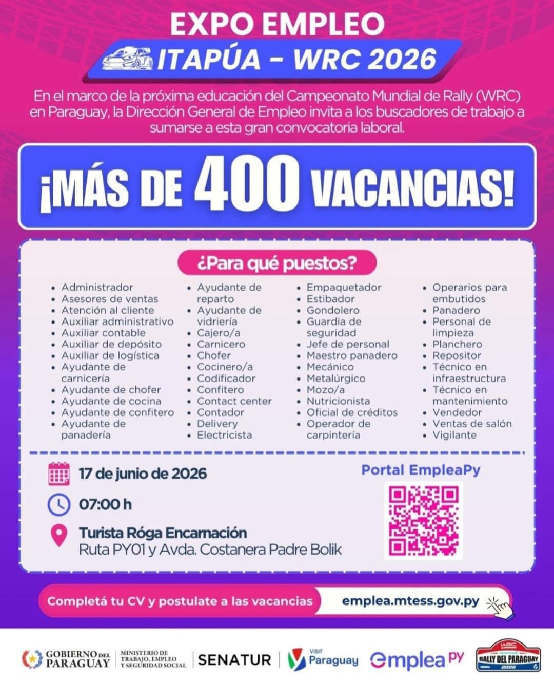 Más de 400 oportunidades laborales: llega la Expo Empleo Itapúa – WRC 2026